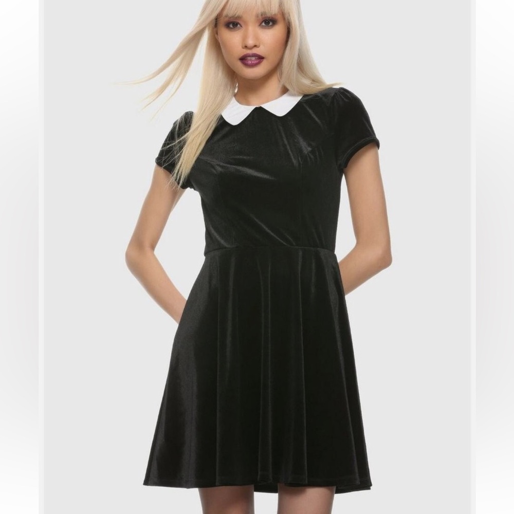 Hot Topic Goth Black Velvet White Collar Wednesday Addams Flare Mini Dress